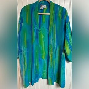 Simply Silk Blue Green 100% Pure Silk Flowy Art-to-Wear Kimono Jacket One Size